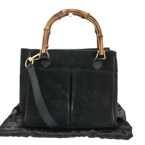 GUCCI Logo Bamboo 2Way Shoulder Hand Bag Suede Leather Black GHW Italy 64KP435